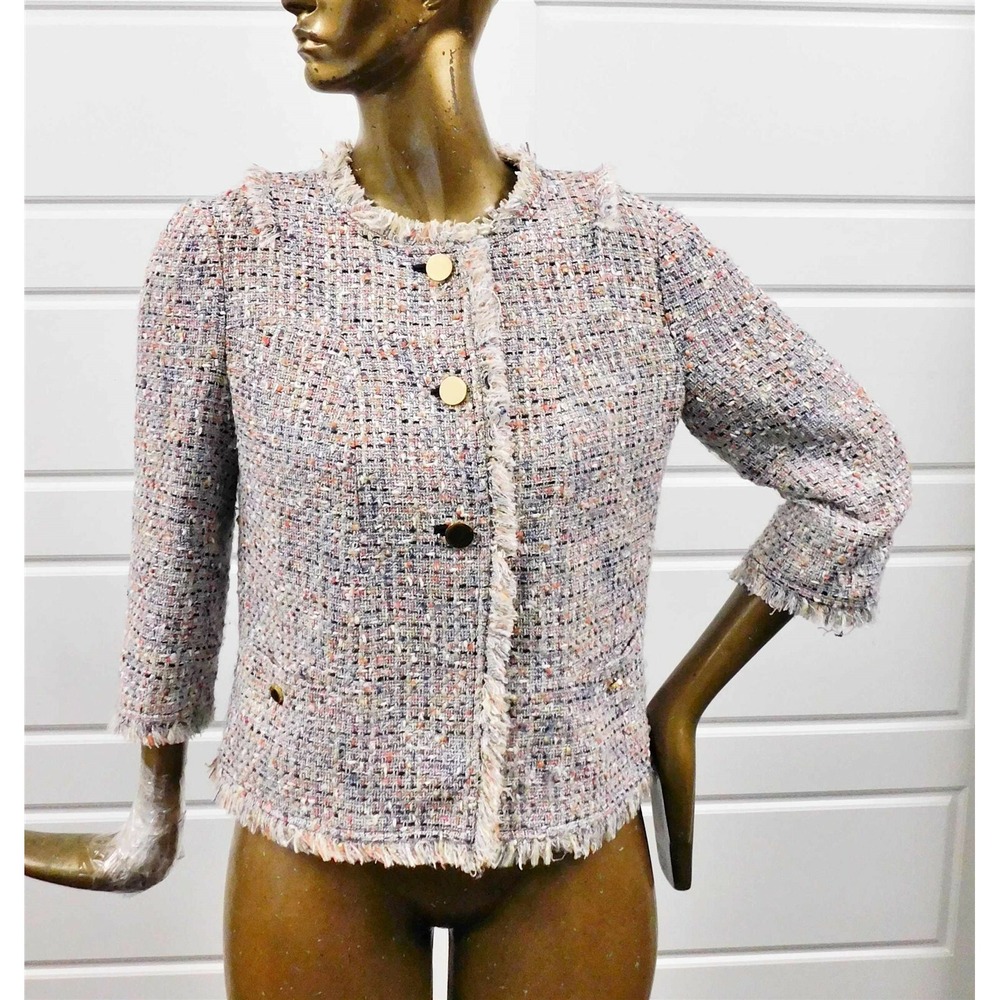Tory Burch Multi Knit‎ Tweed Fringe Jacket sz 12